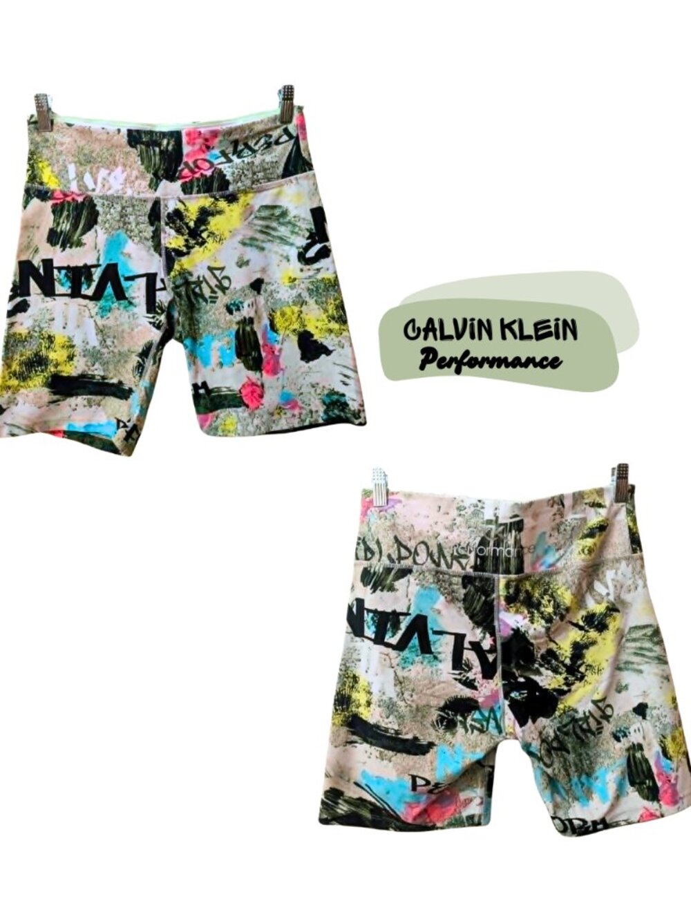 Calvin Klein Performance Graffiti Logo Bike Shorts Y2K Activewear Gym Athleisure